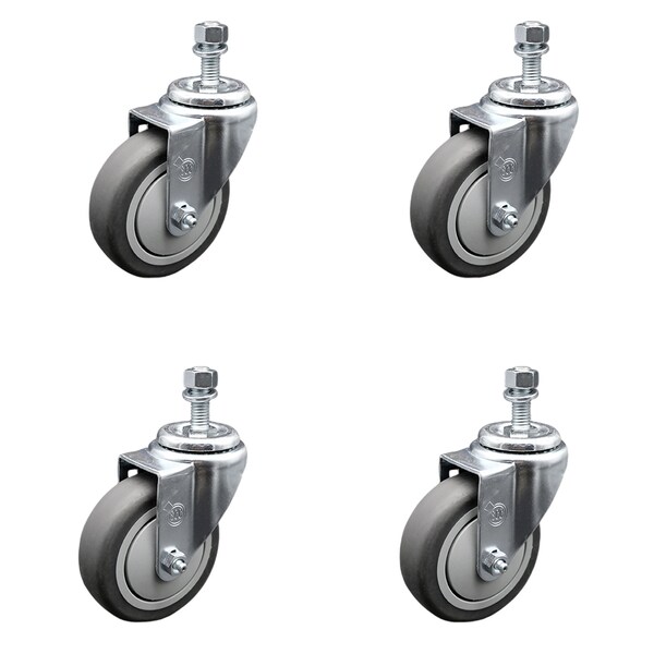 4 Inch SS Thermoplastic Rubber Wheel Swivel 1/2 Inch Threaded Stem Caster Set SCC